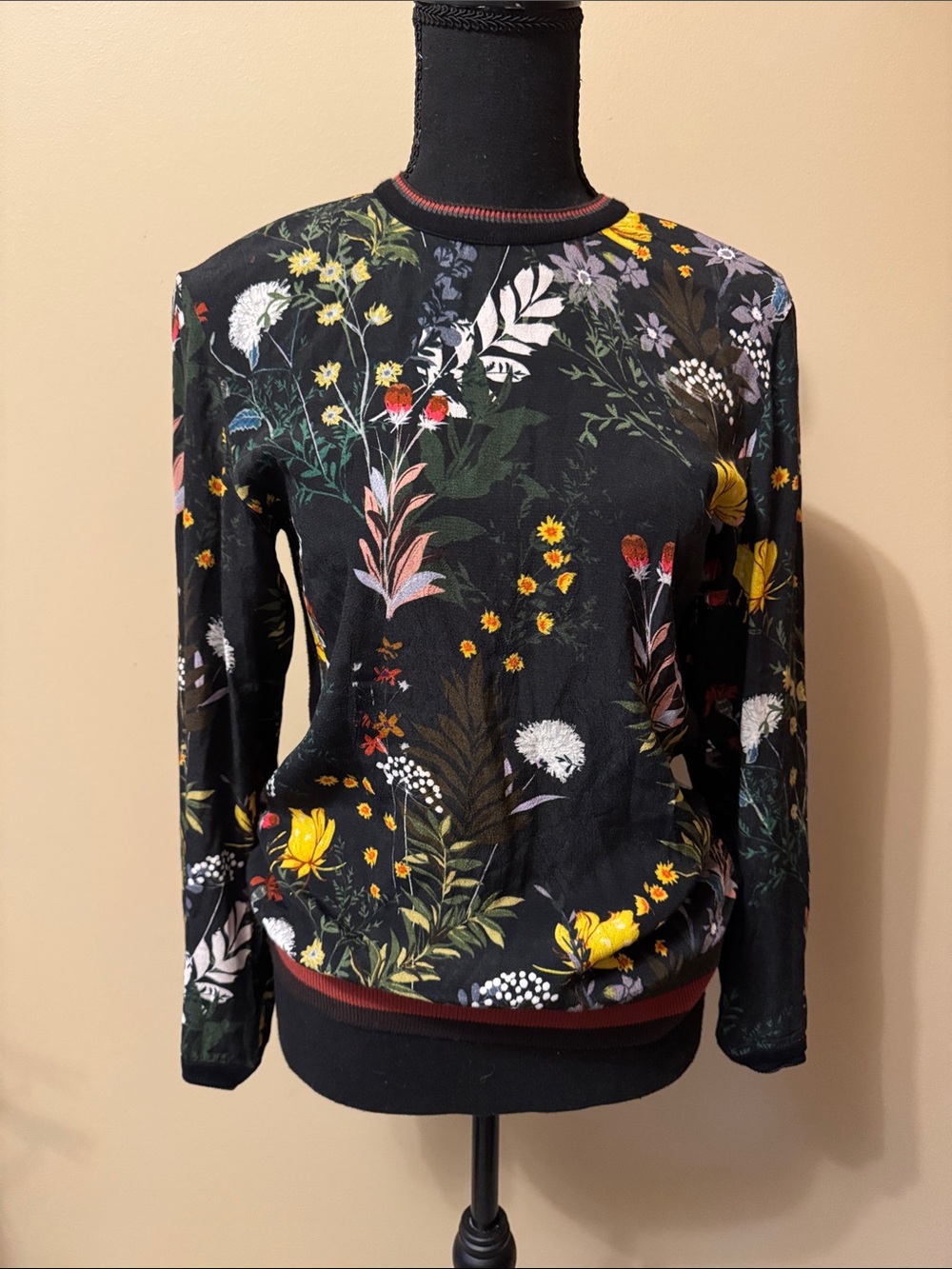 Black Floral Crewneck Sweatshirt with Yellow Blooms